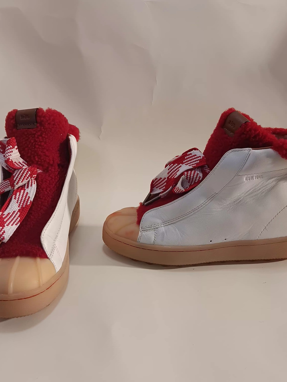 Coach Kids White Leather High-Top Sneakers with Red Sherpa Trim and Tan Sole